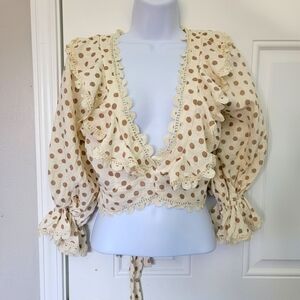 VICI 100% Cotton Lace Trim Ruffled Polka Dot Brown Cream Tie Back Crop Top Sz M